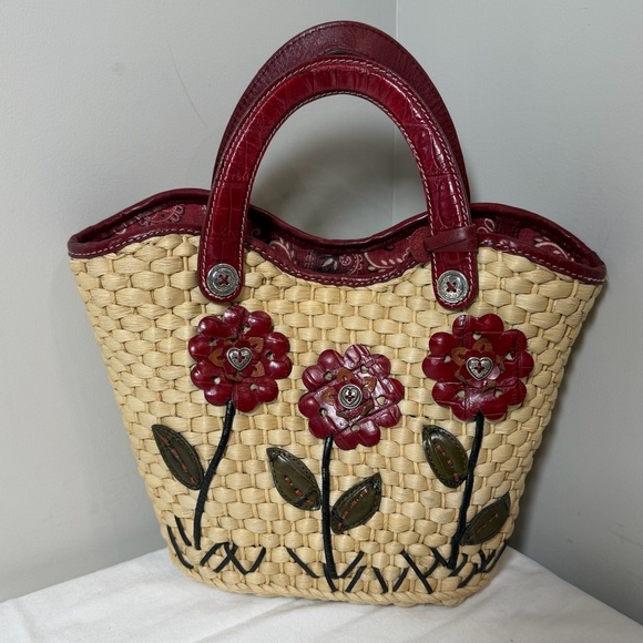 Brighton Handbags - Brighton Beverly Straw Tote Handbag Stylish Woven Tote with Red Leather Accents